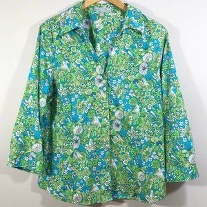FOXCROFT Blue/Green Wrinkle Free Fitted Button-Up Floral Print Cotton Shirt 14